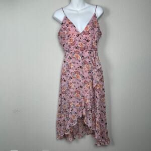 Altar'd State S‎ Pink Floral Babydoll Dress Soft Girl Ruffle High Low Gold